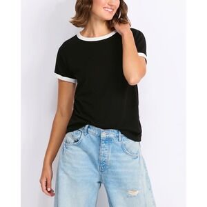 Nine Britton Womens Black White Contrast Ringer Crew Neck Short Sleeve T-Shirt